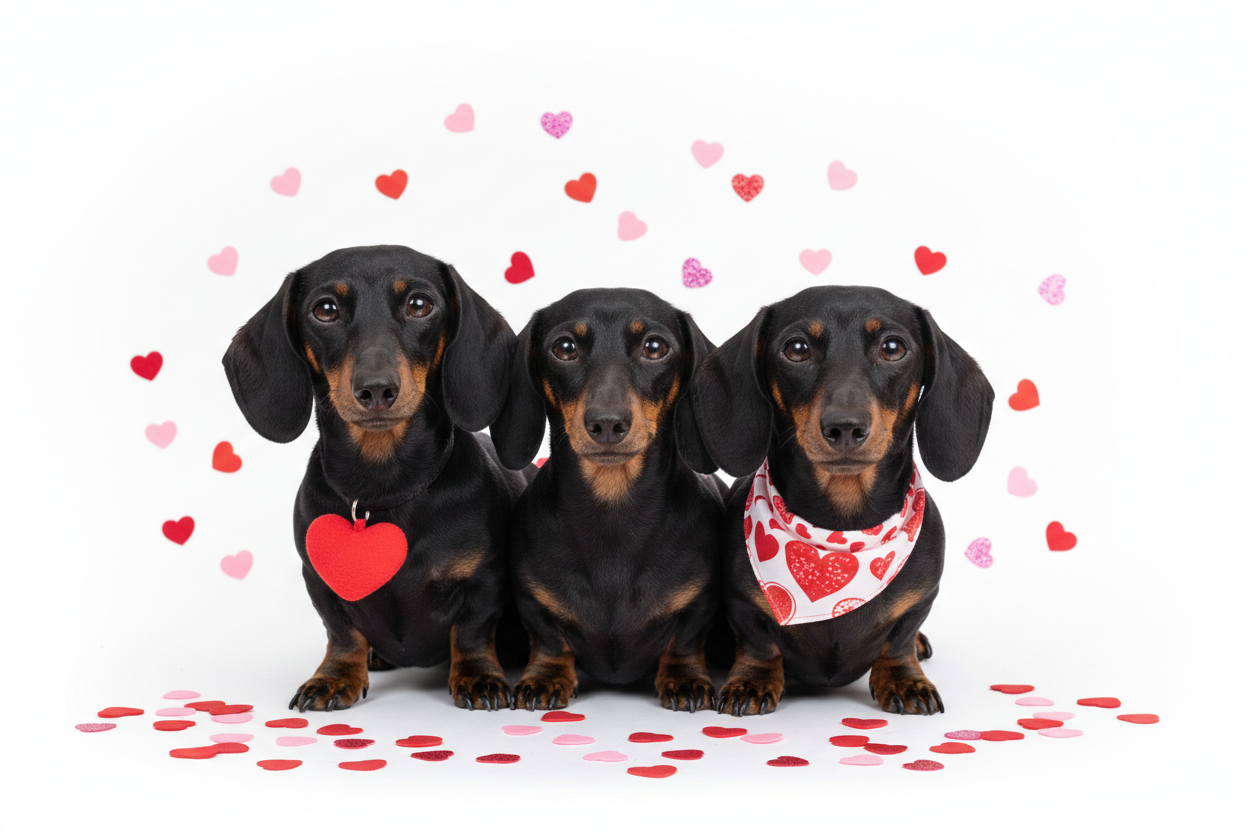 Trzy czarne jamniki z serduszkami